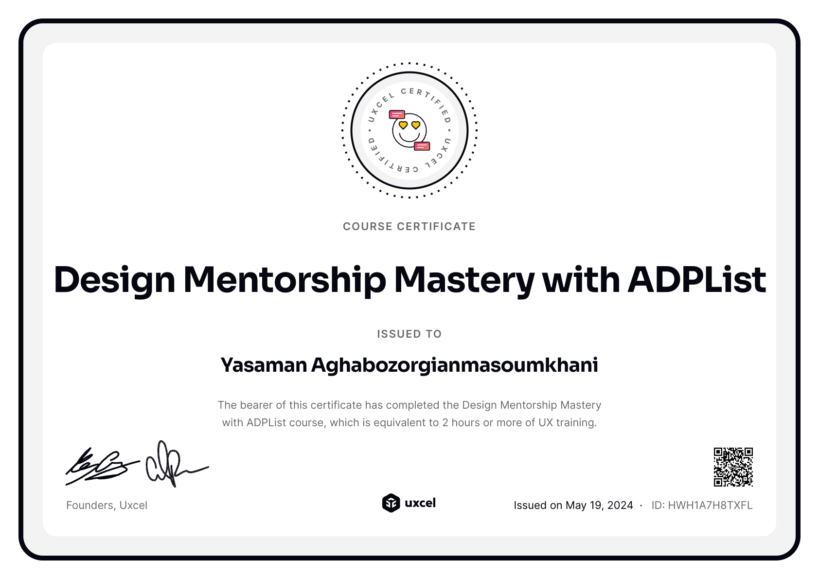 Yasaman Aghabozorgianmasoumkhani's certificate